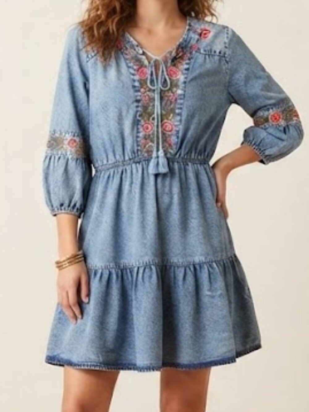 Scully Light Blue Embroidered Denim Long Sleeve Dress